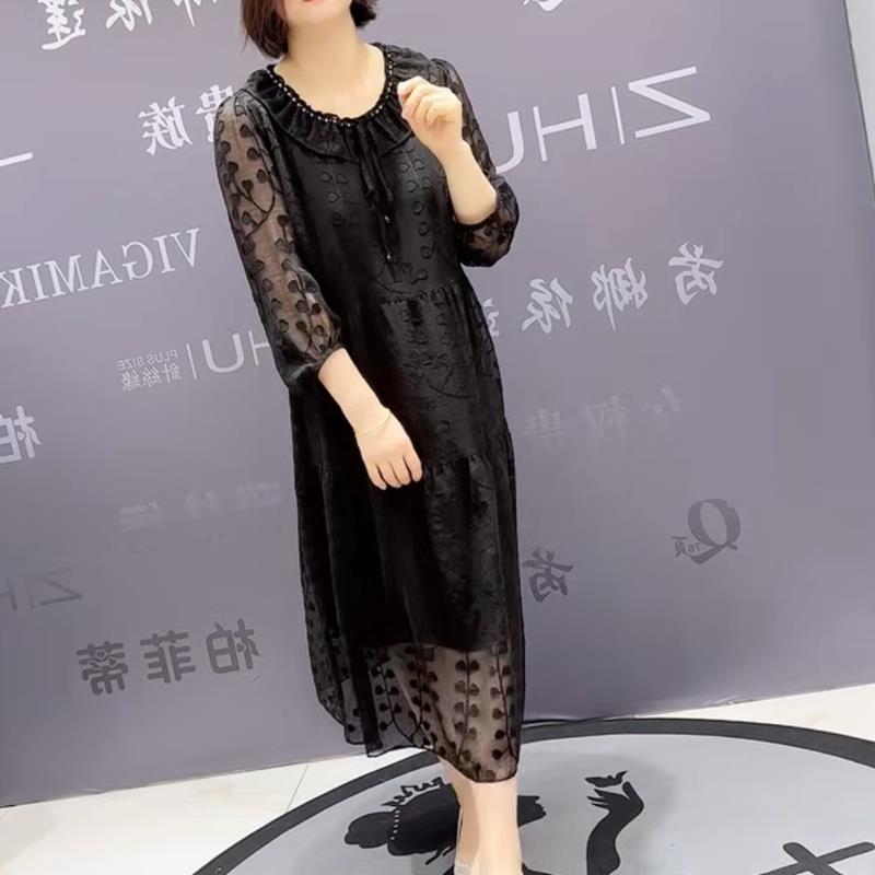 7792芮娜依莲夏季新款欧韩加肥显瘦胖MM大码女装长款短袖连衣裙潮