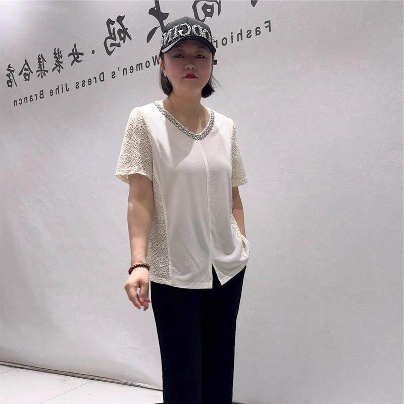 芮娜依莲大码女装2026夏季加肥胖mm打底5705醋酸拼蕾丝短袖衫上衣