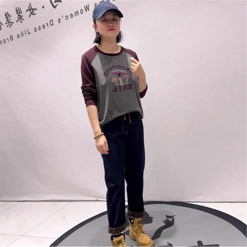 2026春季新款芮娜依莲撞色大码女装加肥加大打底衫200斤T恤衫5487
