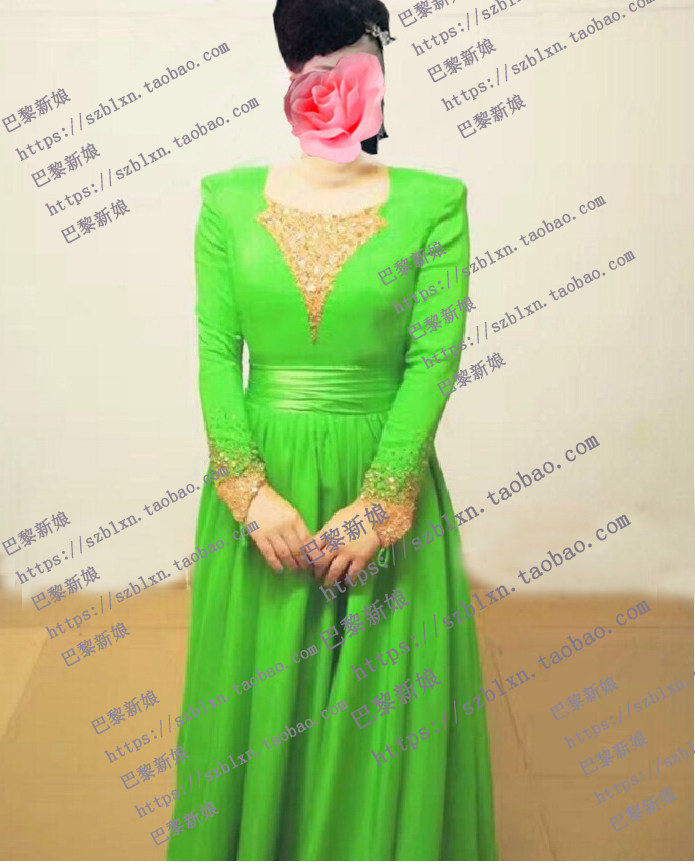 绿色雪纺纱比赛音乐会齐地演出服
