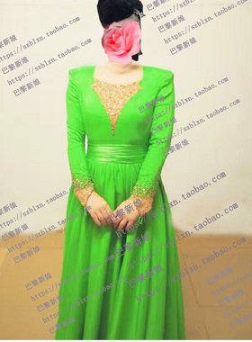 2025绿色 长袖套指雪纺纱独唱声乐比赛音乐会礼服 齐地演出服