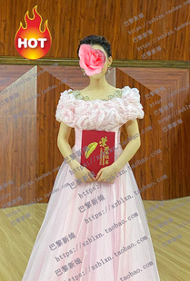 2025新款 粉色泡泡袖短袖小摆V腰软纱歌唱比赛音乐会演出礼服