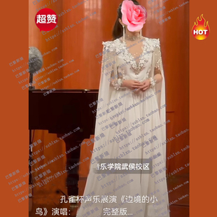 2025新款 年会春晚歌唱比赛音乐会演出礼服 白色V领性感透明长水袖