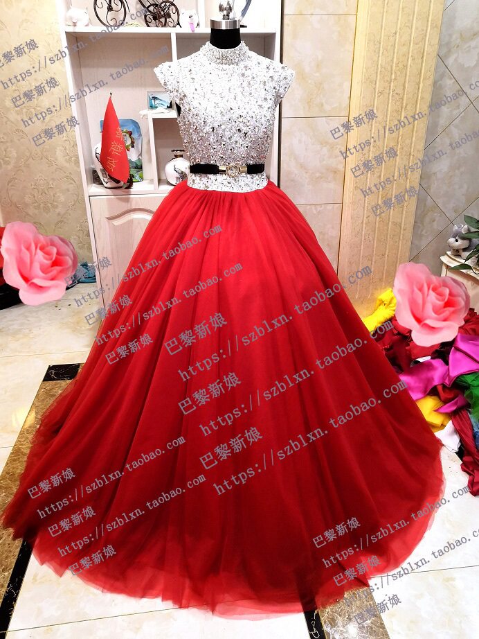 2026新款 大红色圆领亮钻包肩蓬蓬裙音乐会歌唱比赛声乐演出礼服