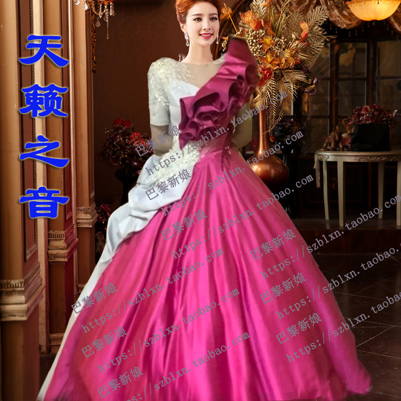 2025新款玫红色荷叶立领蓬蓬裙歌唱比赛独唱音乐会演出礼服