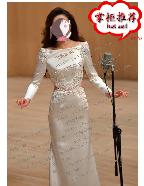 2026新款 白色刺绣绣花显瘦一字肩独唱表演比赛音乐会演出礼服