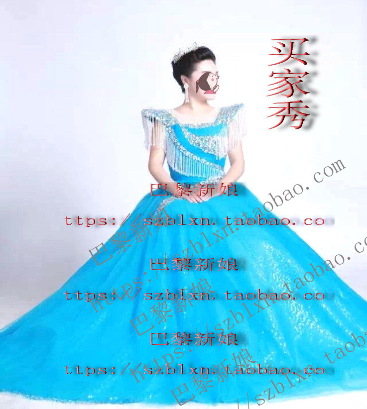 2026蓝色翘肩流苏方领显瘦奢华钻歌唱比赛艺考独唱音乐会演出礼服