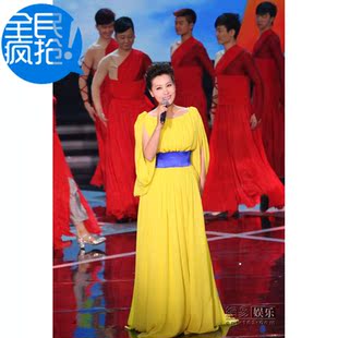 2026黄色简洁水袖褶皱腰带随身飘逸歌唱比赛A摆小摆礼服 演出服