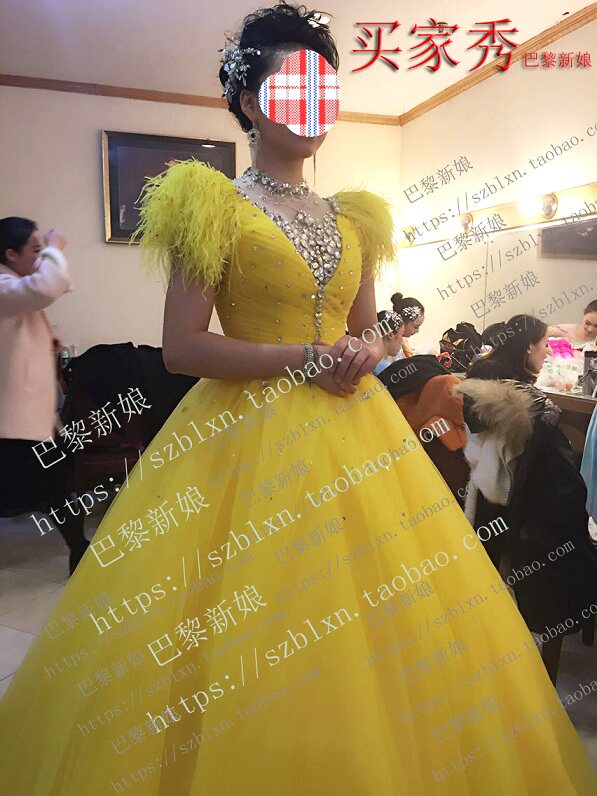 黄色短袖立领歌唱家音乐会礼服