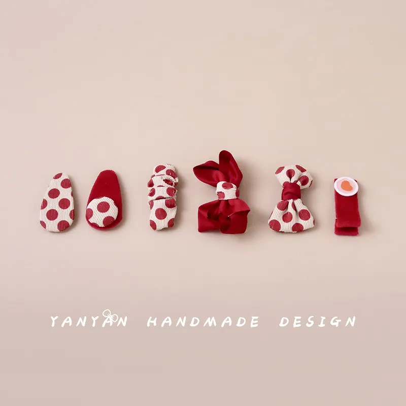 韩系红色波点蝴蝶结布艺心刘海边夹圣诞节日跨境儿童发夹发夹