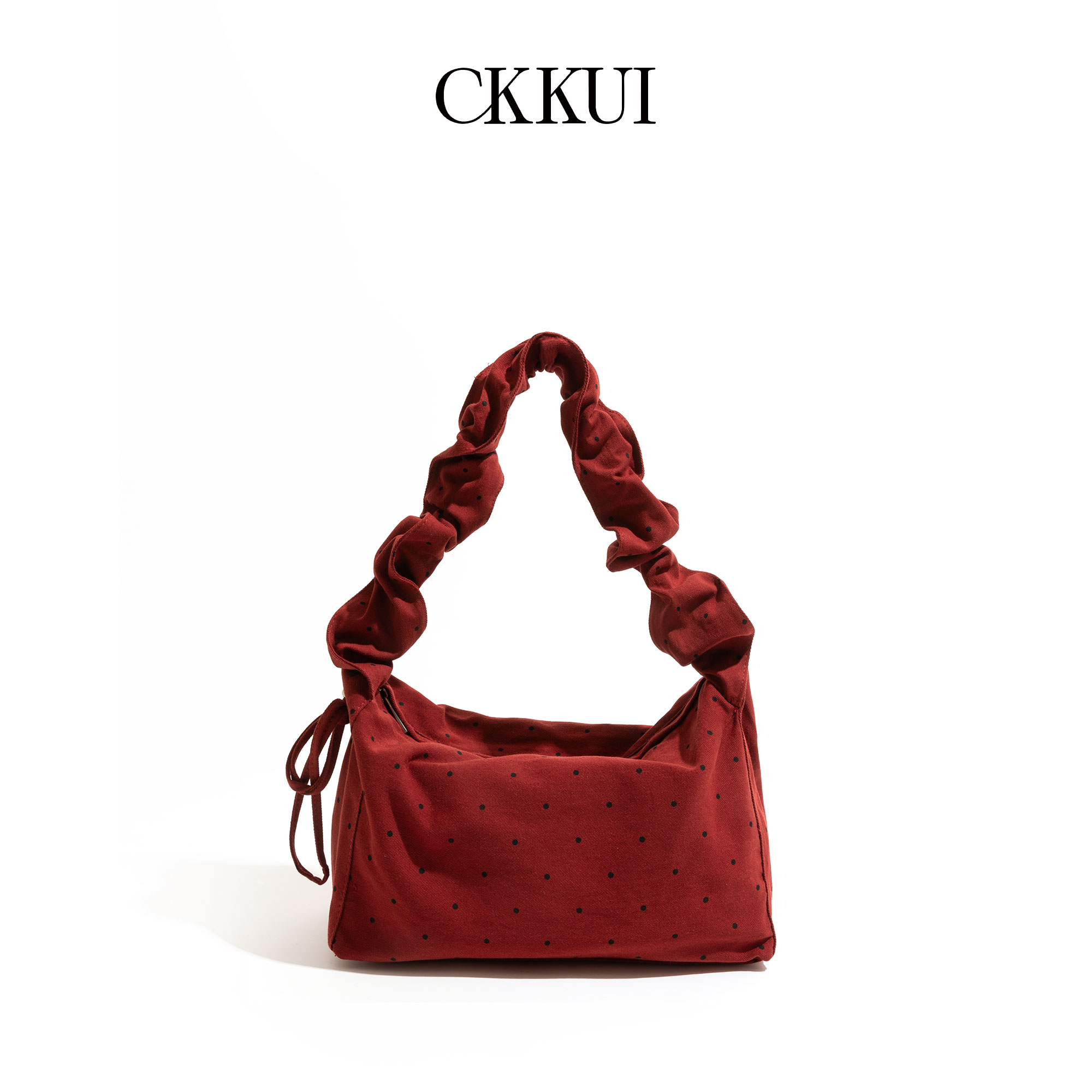 CKKUI 韩系学院风波点尼龙红色包包抽绳设计感手提包慵懒风单肩包