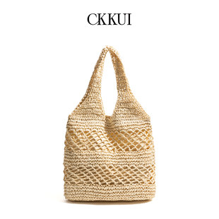CKKUI 草编包慵懒风手提包单肩包 简约手工编织包包女式 2025年新款