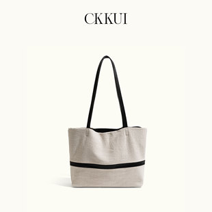 CKKUI 日系纯色棉麻包包2026夏季松弛感手提包大容量单肩包托特包