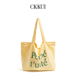 CKKUI 夏日小清新日光黄帆布包包慵懒风手提包大容量单肩包托特包