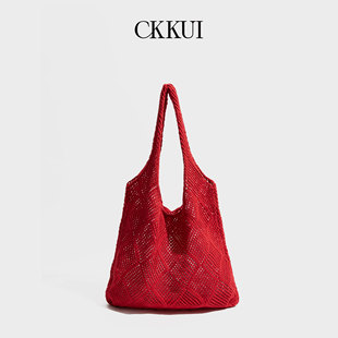 CKKUI 简约手工编织红色包包2026新款针织镂空包慵懒风手提单肩包