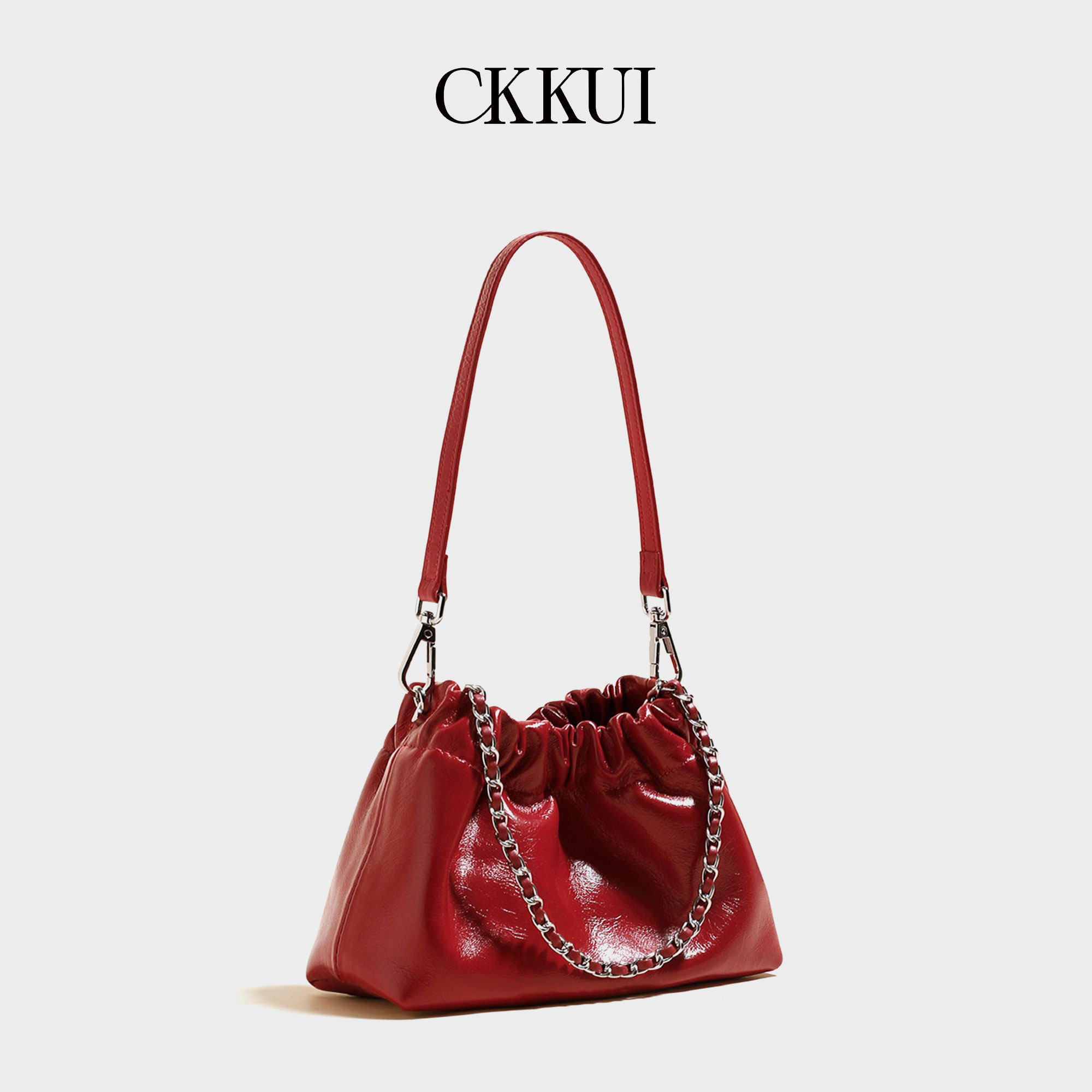 CKKUI 韩系褶皱束口软皮红色女包2026新款链条腋下包手提包单肩包,箱包皮具/热销女包/男包,腋下包,淘宝优惠券,粉丝福利购,淘宝优惠卷