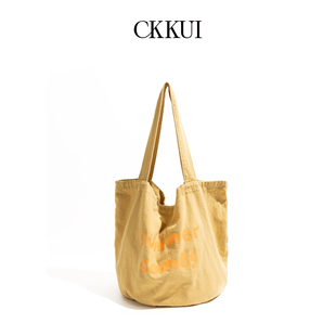 CKKUI 简约小清新日光黄帆布包包学生大容量上课手提包单肩托特包