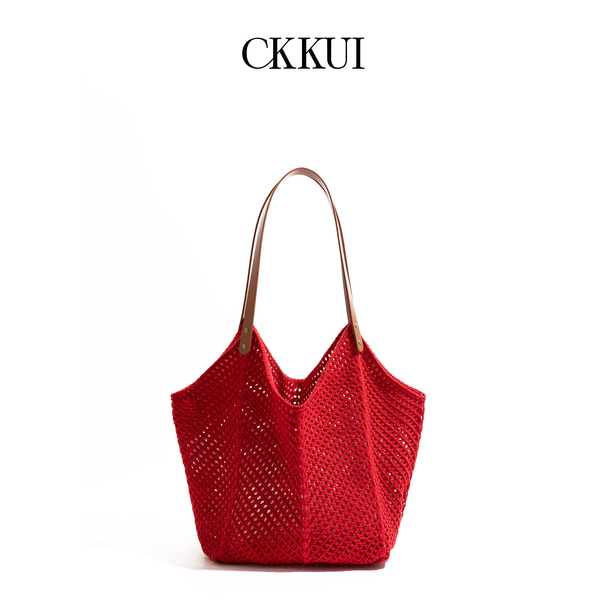 CKKUI 极简手工编织红色包包慵懒风大容量针织包沙滩手提包单肩包