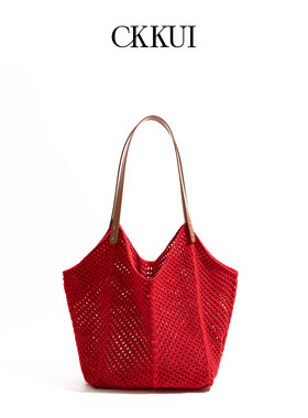 CKKUI 极简手工编织红色包包慵懒风大容量针织包沙滩手提包单肩包