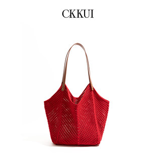 CKKUI 极简手工编织红色包包慵懒风大容量针织包沙滩手提包单肩包