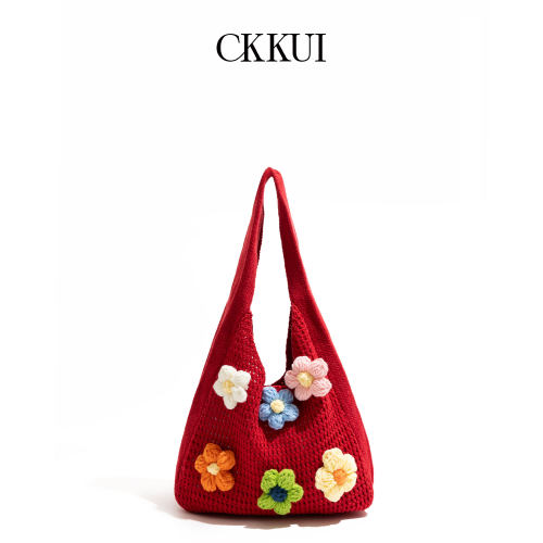 CKKUI 冬季海边度假编织红色包包小清新手提包慵懒风大容量单肩包