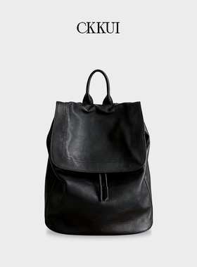 CKKUI 极简头层牛皮双肩包包2026新款大学生翻盖书包上课通勤背包
