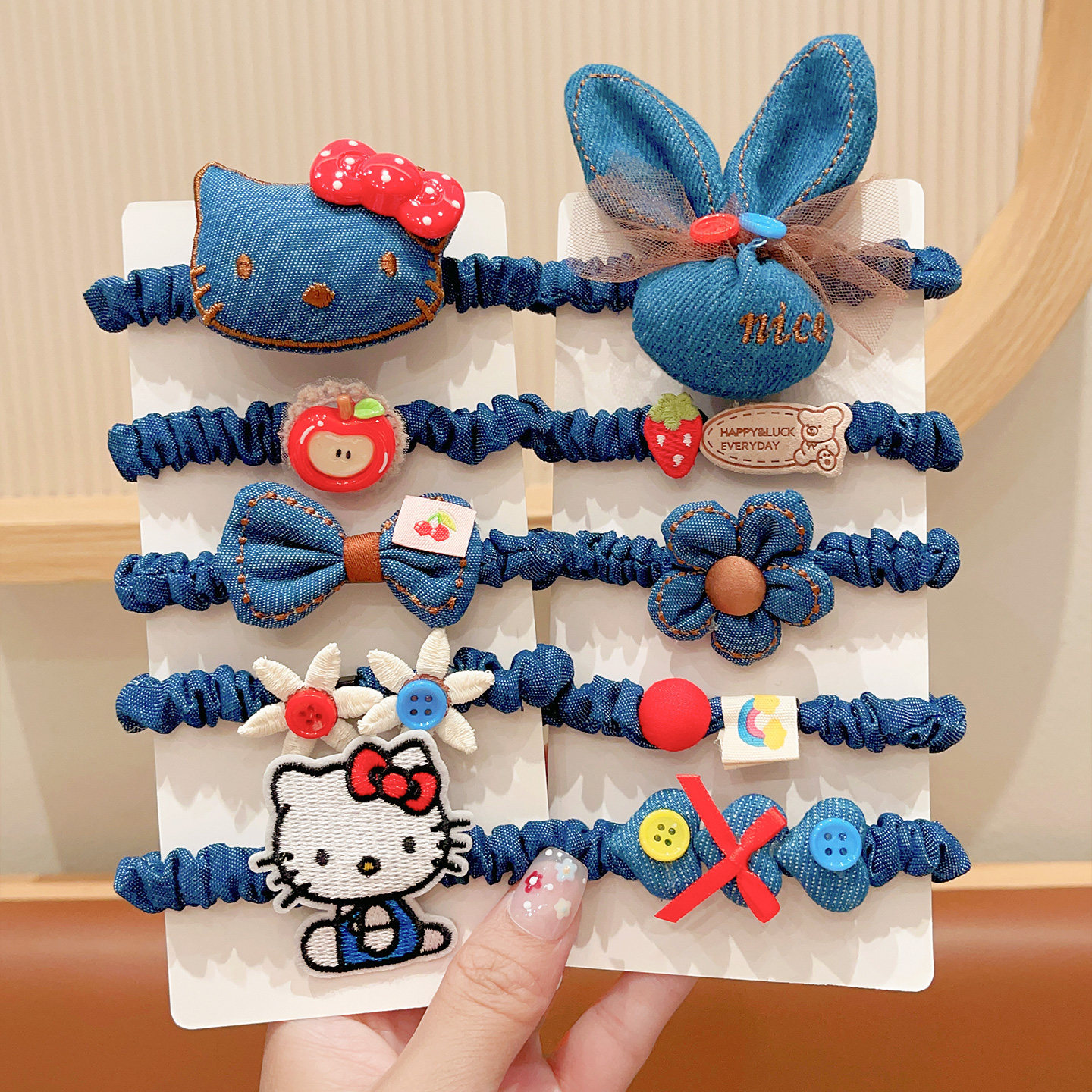 HelloKitty儿童发绳不伤发2025新款牛仔复古女孩头绳扎高马尾发饰