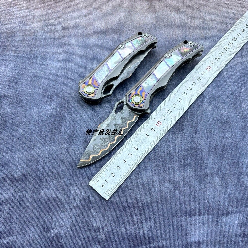 新品QK夹铜大马士革钛合金手柄折叠刀户外露营生存便携耐用小刀具