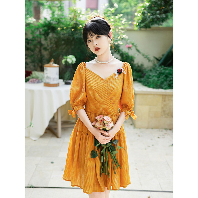 花间裳/橘子汽水/夏甜美V领泡泡袖显瘦小个子蛋糕连衣裙2024新款