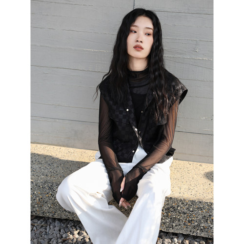 设计感拼接黑色显瘦无袖马甲女