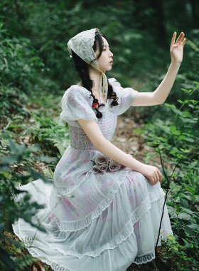 花间裳/许愿精灵/原创法式圆领收腰lolita蓝色长款连衣裙印花礼服