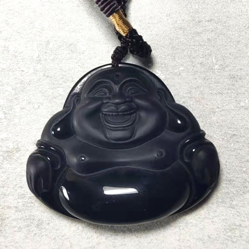 天然黑曜石弥勒佛项坠项链黑耀石颈饰