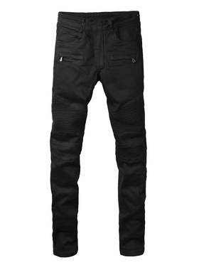 jeans美式高街基础破洞做旧拼接修身长裤紧身高街紧身男牛仔裤子