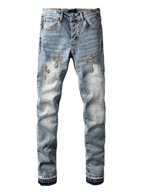 PUR jeans美式高街烫镶钻修身长裤紧身高街破洞紧身男牛仔裤子