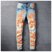 jeans pants torn AMR MX1高街破洞贴星星牛仔裤 子