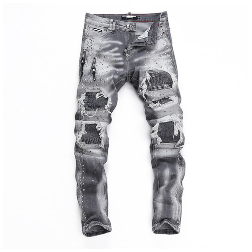 D Jeans Skinny Ripped Jeans 美式高街铆钉破洞修身男裤牛仔裤子