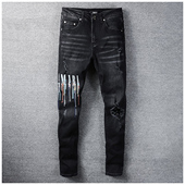 jeans pants torn AMR jeans高街破洞紧身印花牛仔裤 子
