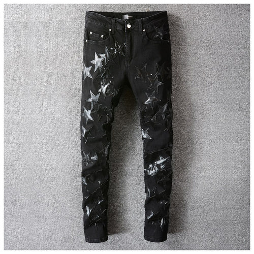 jeans pants torn jeans 高街美式破洞修身小脚贴星星牛仔裤子