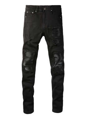 AMR jeans AMR pants torn jeans高街破洞紧身拼皮牛仔裤子