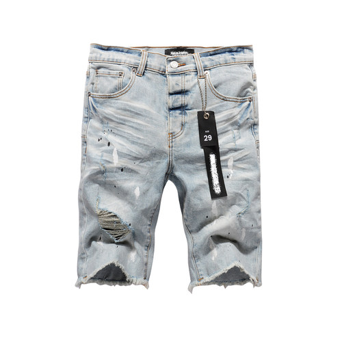 PURjeans pants torn jeans美式高街破洞泼墨牛仔短裤子