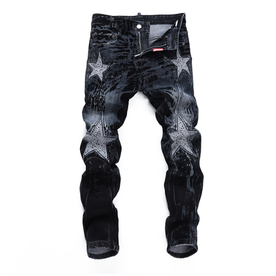 D Jeans Skinny Ripped Jeans 美式高街星星补丁修身男裤牛仔裤子