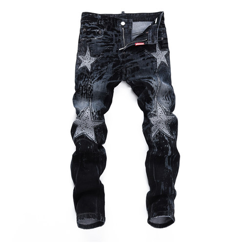 D Jeans Skinny Ripped Jeans 美式高街星星补丁修身男裤牛仔裤子