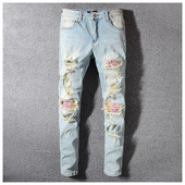 jeans pants torn AMR MX1高街破洞补丁牛仔裤 子