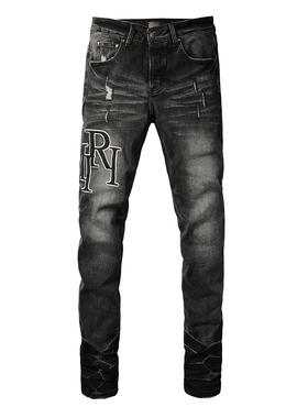 AMR jeans美式高街黑灰刮破修身长裤太一高街破洞紧身男牛仔裤子
