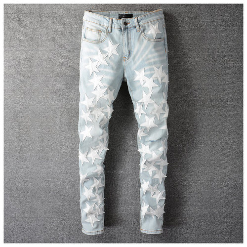 jeans pants torn jeans 高街美式破洞修身小脚贴星星牛仔裤子