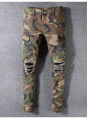 AMR jeans AMR pants torn jeans MX1高街迷彩拼皮牛仔裤子