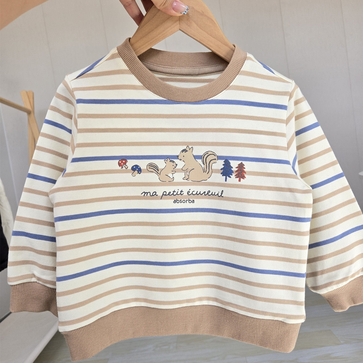 男童可爱松鼠卫衣 韩国童装圆领条纹长袖上衣秋季新款纯棉毛圈