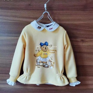 女童纯棉加绒卫衣秋冬新款韩版薄拉绒圆领收腰黄色灰色休闲实拍