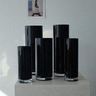 简约现代黑色直筒玻璃花瓶酒店大堂装饰婚庆圆柱桌面水培花器