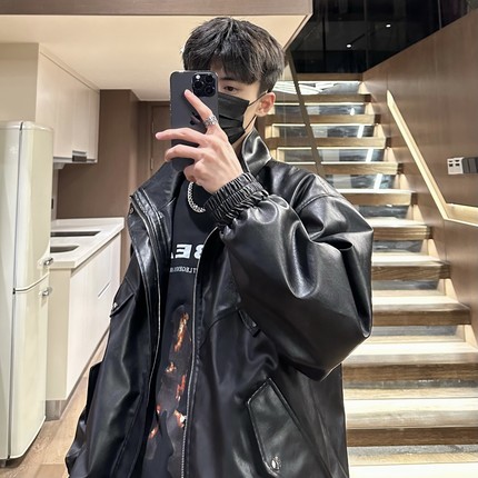 美式复古派克服男春秋通勤宽松休闲痞帅机车皮衣夹克短款防风外套